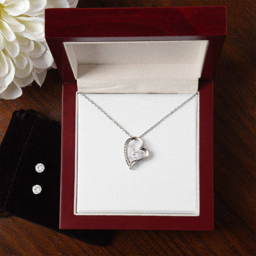 Heart CZ pendant necklace with matching stud earrings, heart-shaped halo detail