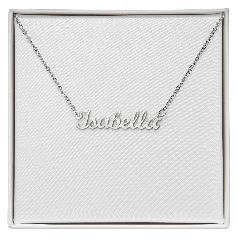 Silver-tone name pendant necklace with “Isabellla” script on a chain