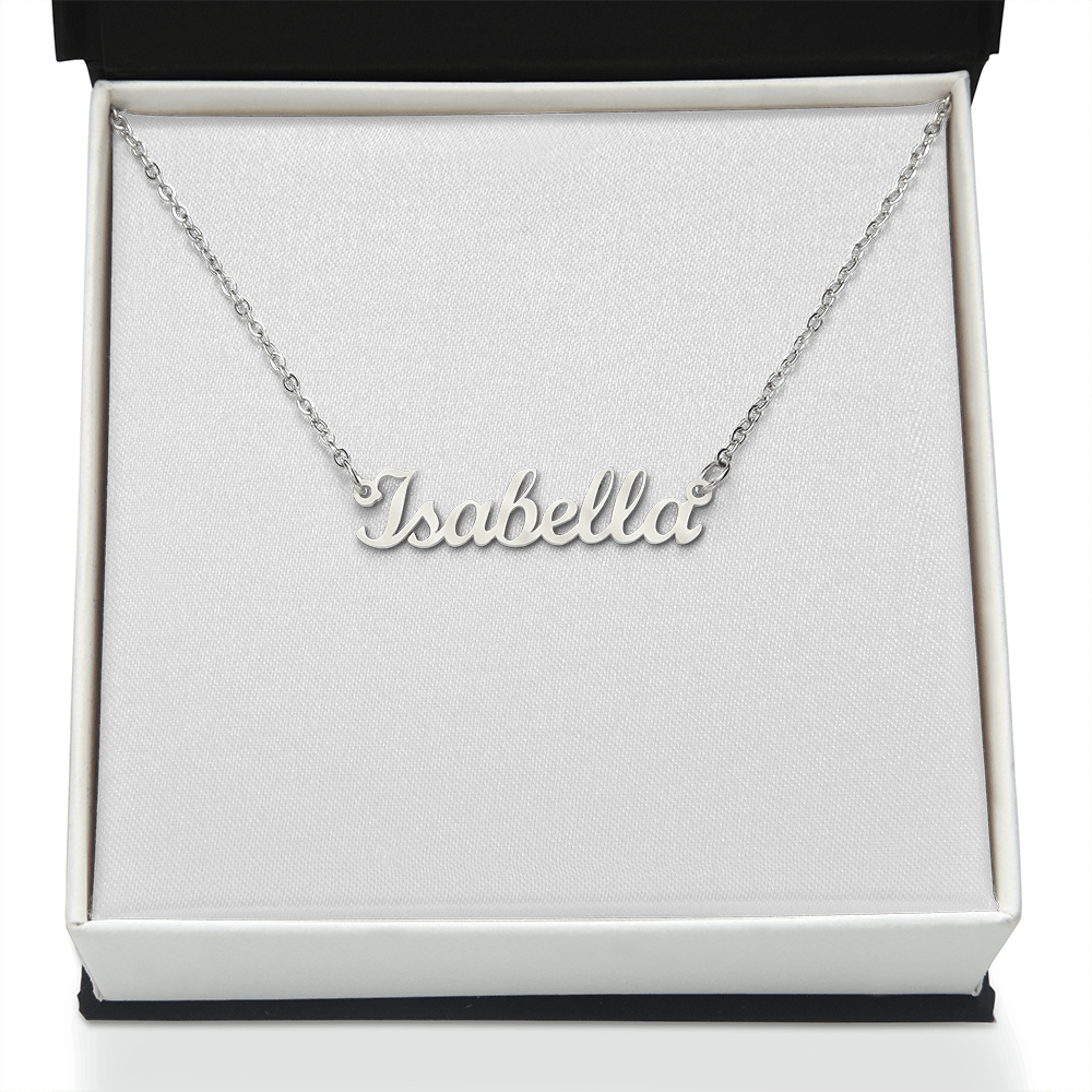 Silver-tone name pendant necklace with “Isabella” script on a chain