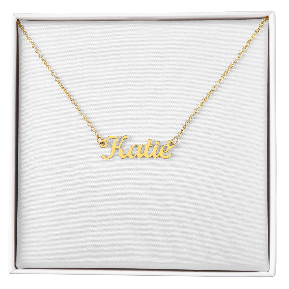 Gold-tone name pendant necklace with “Katie” script on a chain