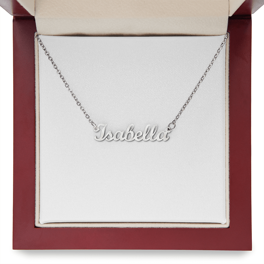 Silver-tone name pendant necklace with “Isabella” script on a chain