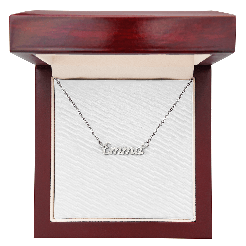 Silver-tone name pendant necklace with “Emma” script on a chain
