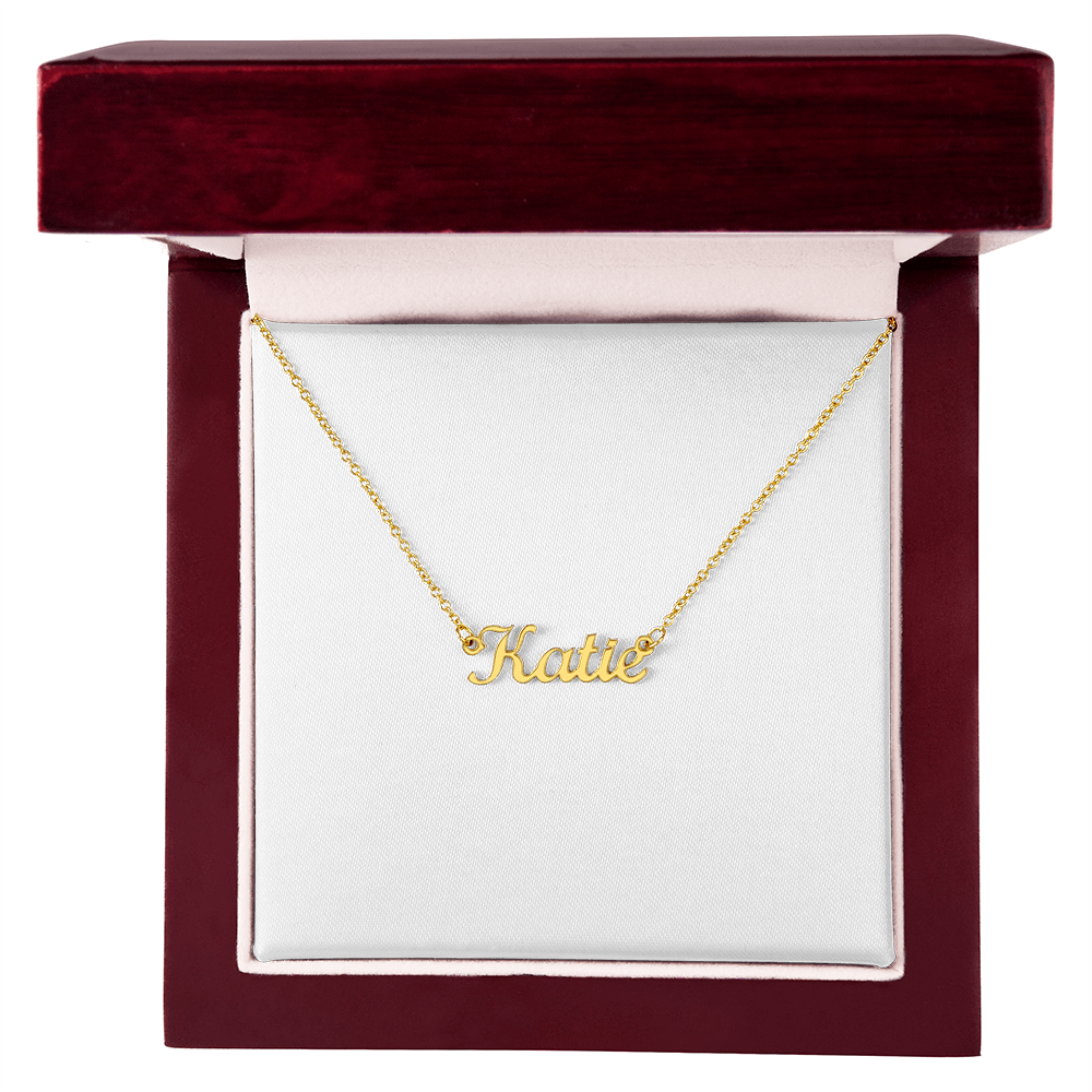 Gold-tone name pendant necklace with “Katie” script on a chain