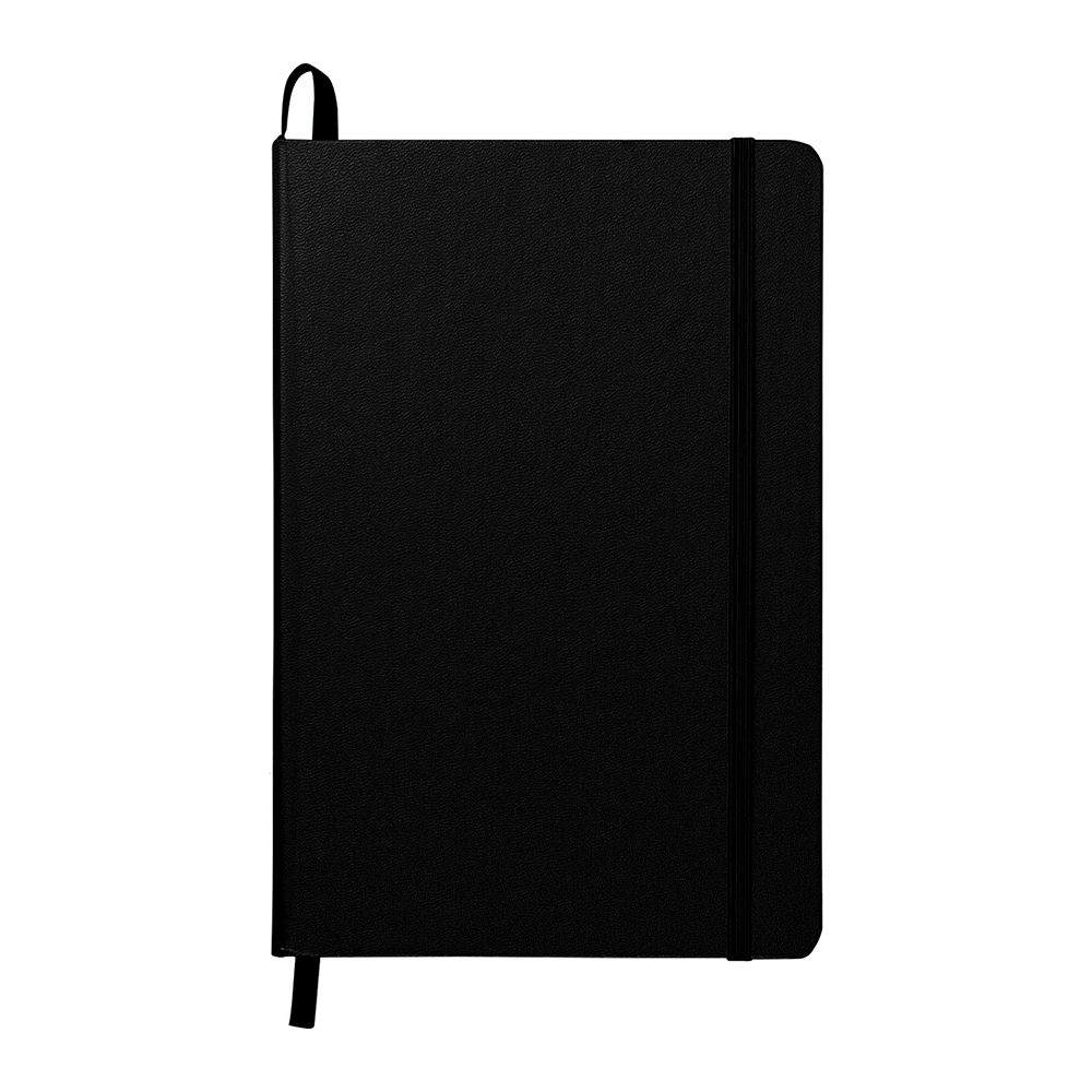 Black textured hardcover journal with elastic strap and ribbon bookmark