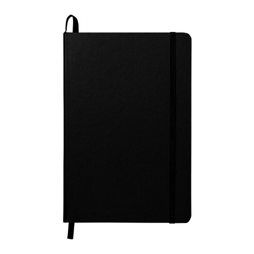 Black textured hardcover journal with elastic strap and ribbon bookmark