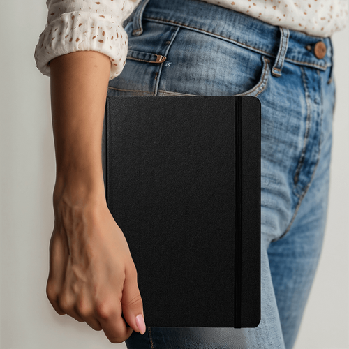 Black textured hardcover journal with spine band and ribbon bookmark
