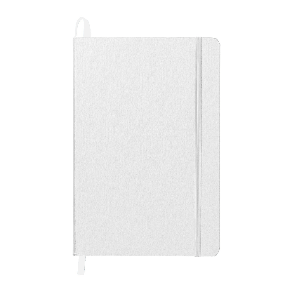 White textured hardcover journal with elastic strap and ribbon bookmark