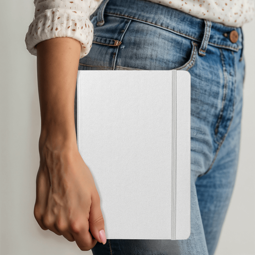 White textured hardcover journal with spine band and ribbon bookmark