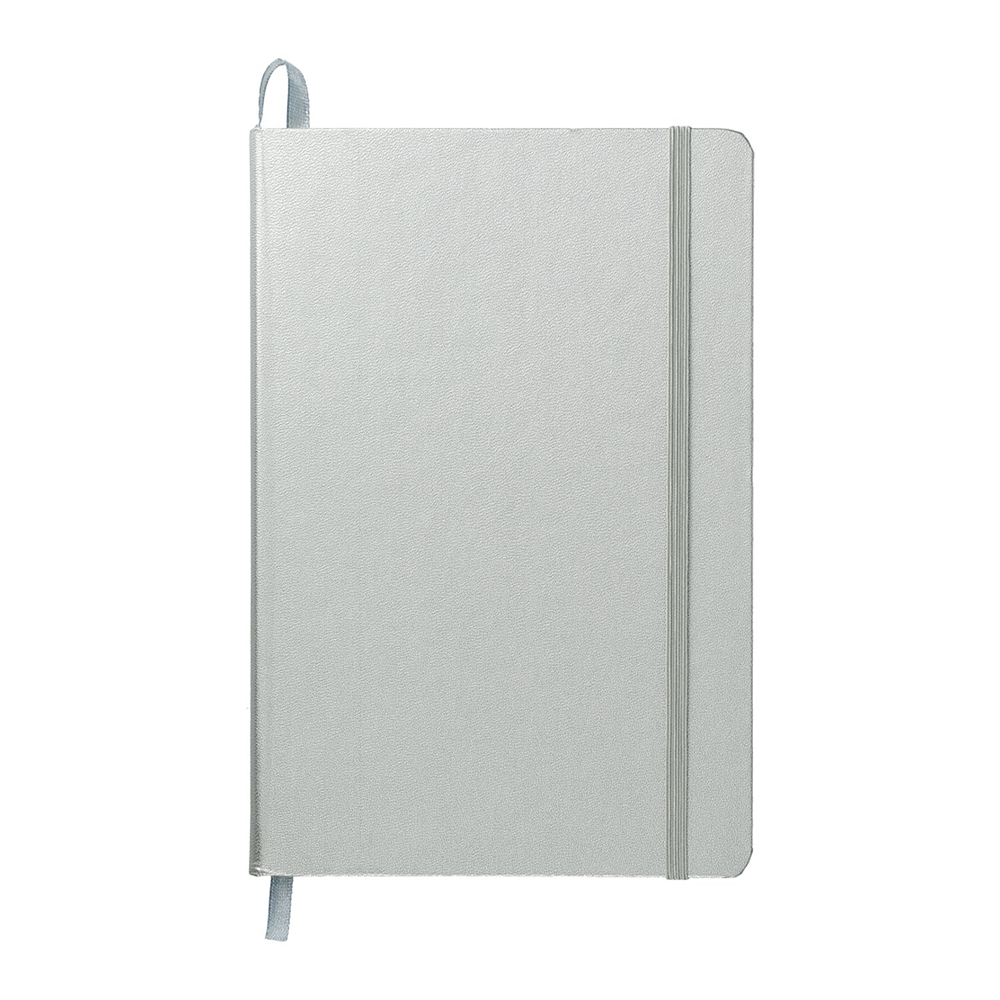 Silver textured hardcover journal with elastic strap and ribbon bookmark
