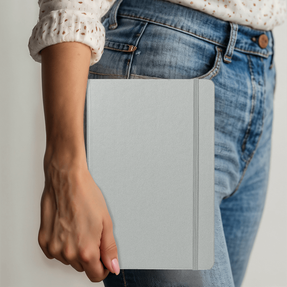 Silver textured hardcover journal with spine band and ribbon bookmark
