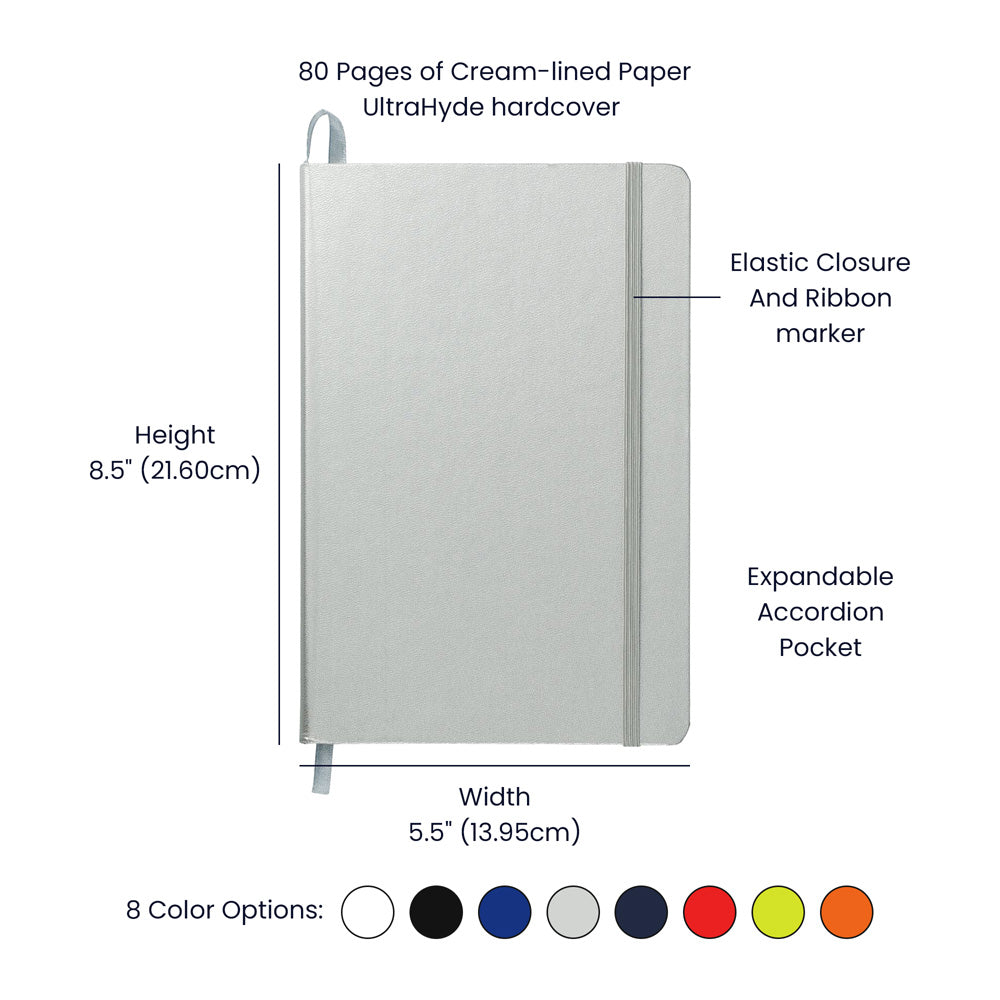 Silver hardcover journal with elastic closure, ribbon marker, and accordion pocket