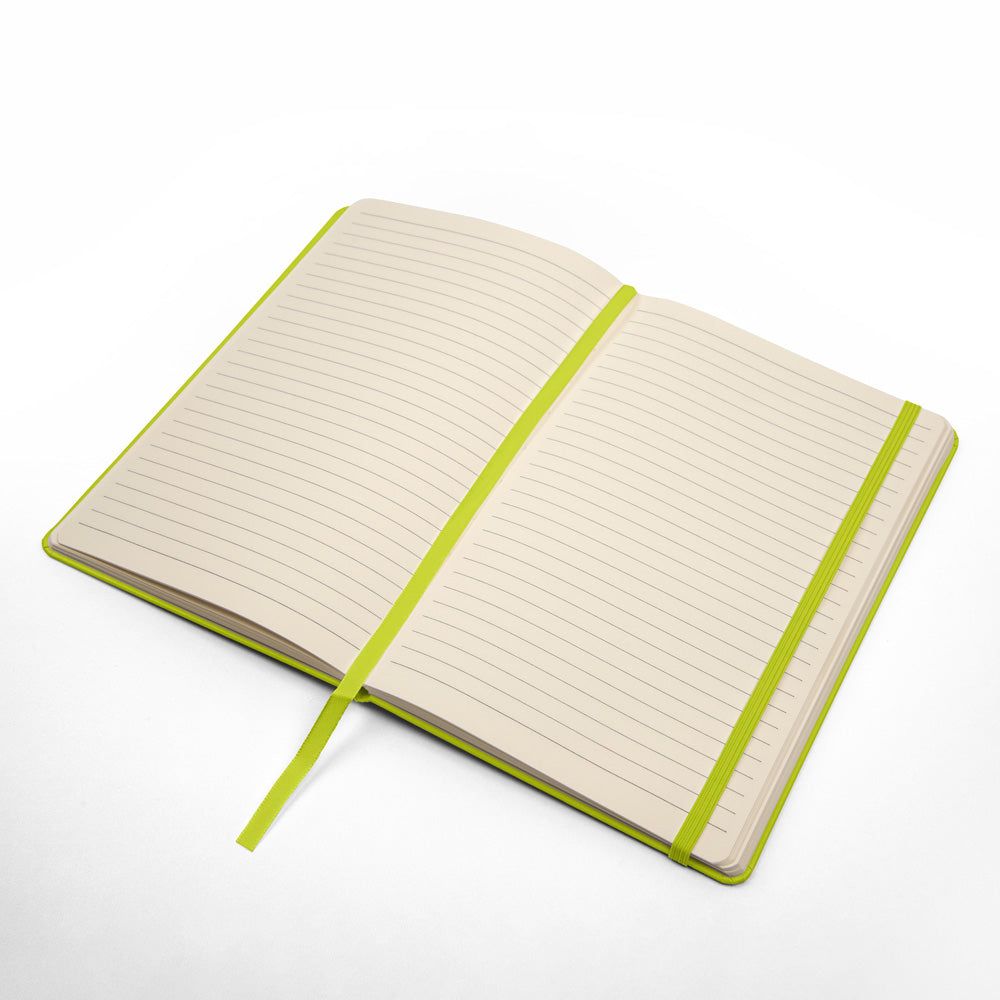 Open lime green journal with lined pages and elastic band closure