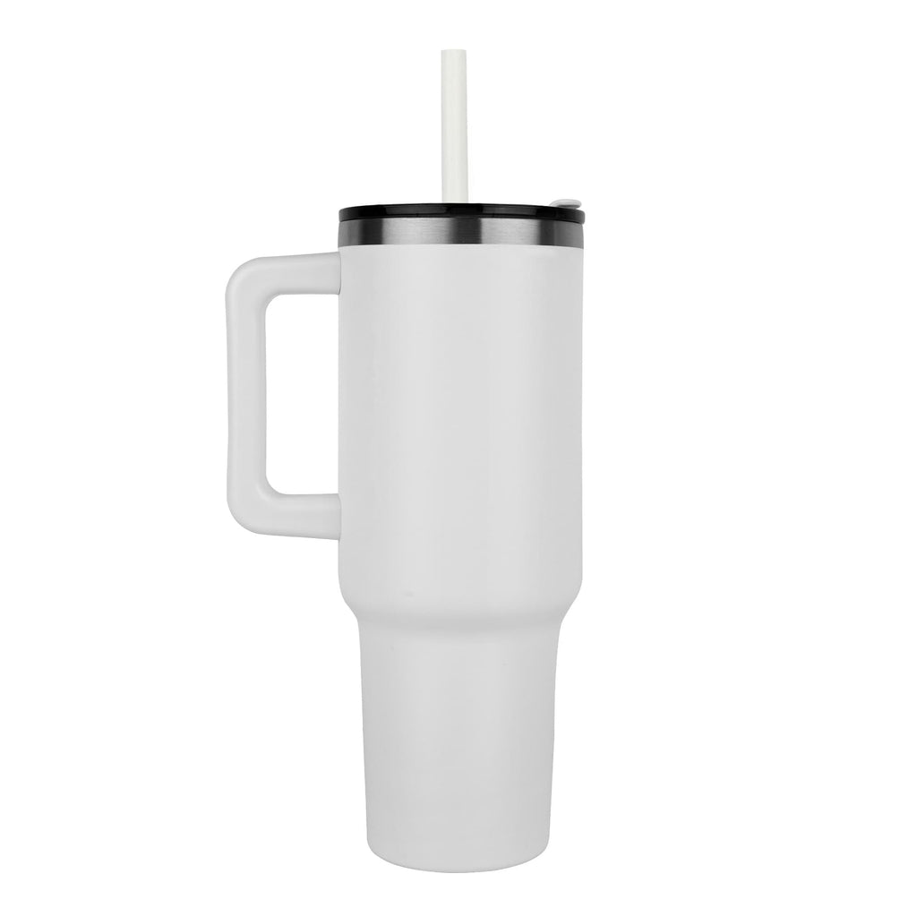 White 40 oz laser-engraved tumbler with lid, straw, and side handle