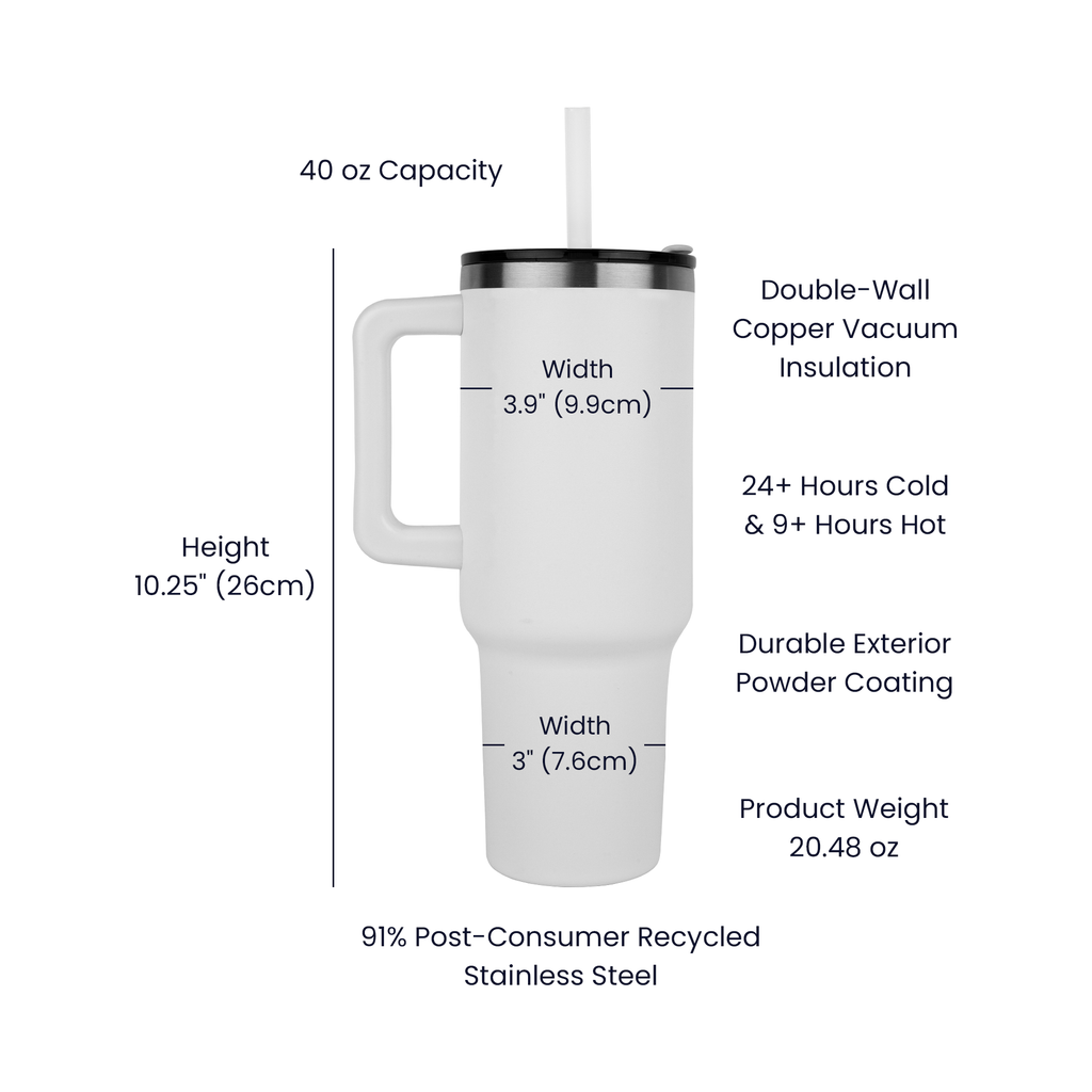 White 40 oz laser-engraved tumbler with lid, straw, and side handle diagram