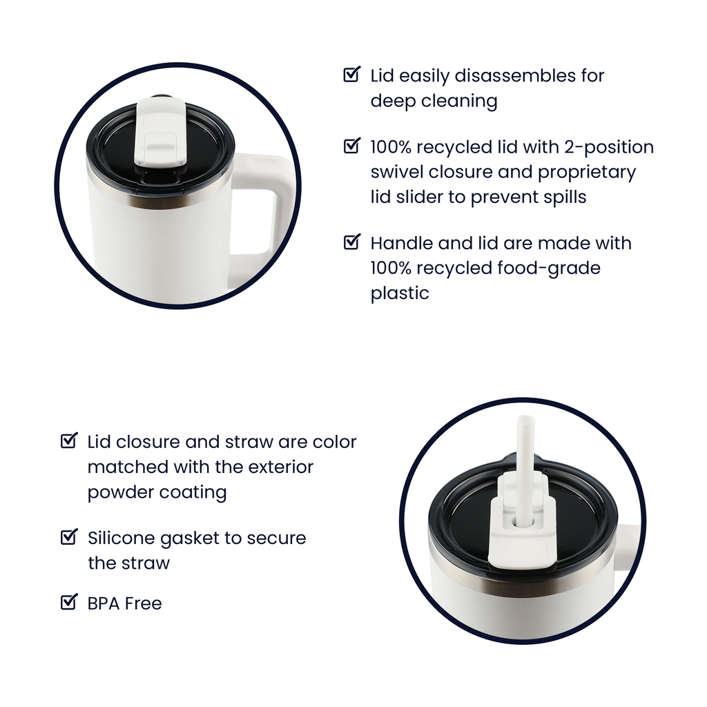 White tumbler lid and straw assembly with slide closure and silicone gasket