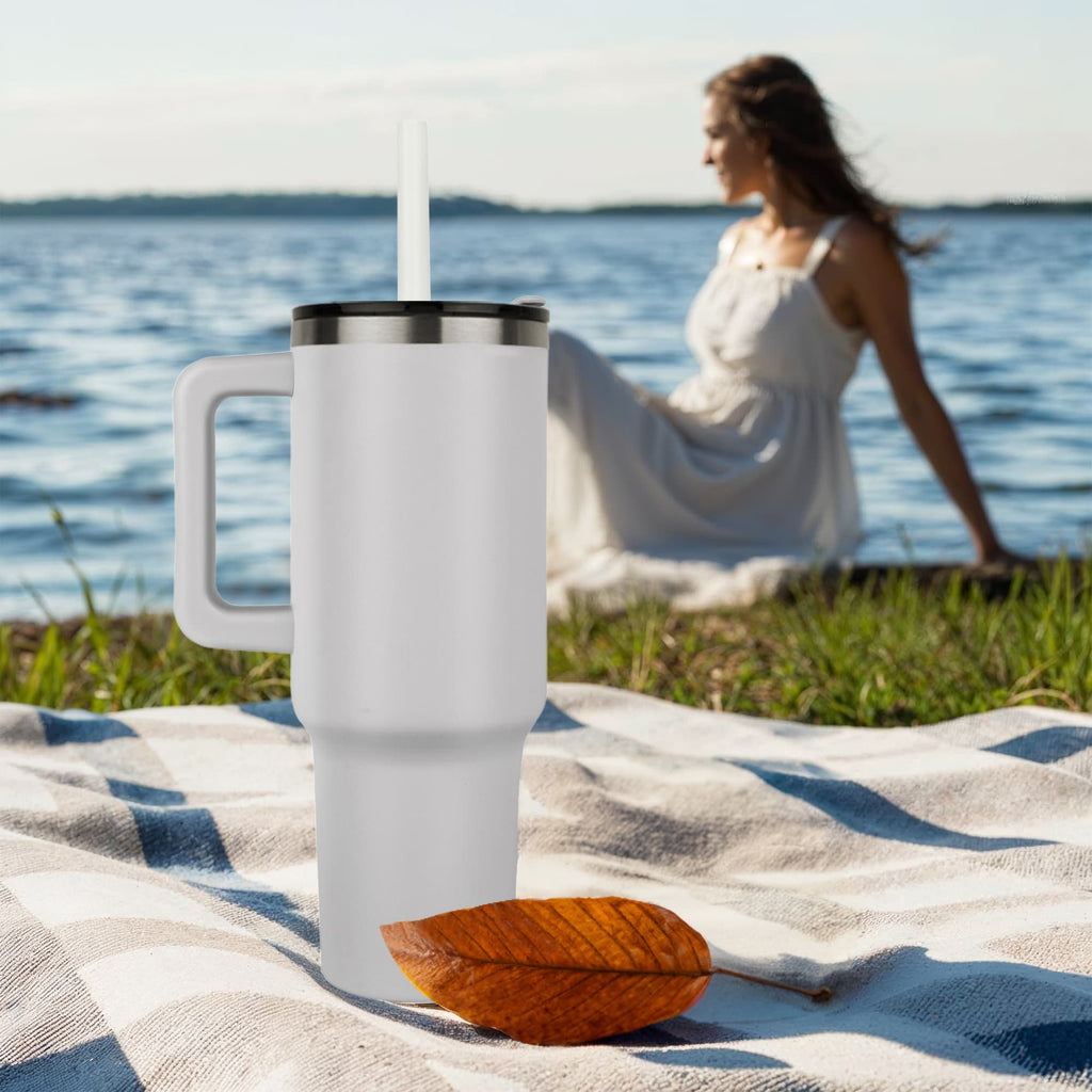White 40 oz laser-engraved tumbler with straw and side handle