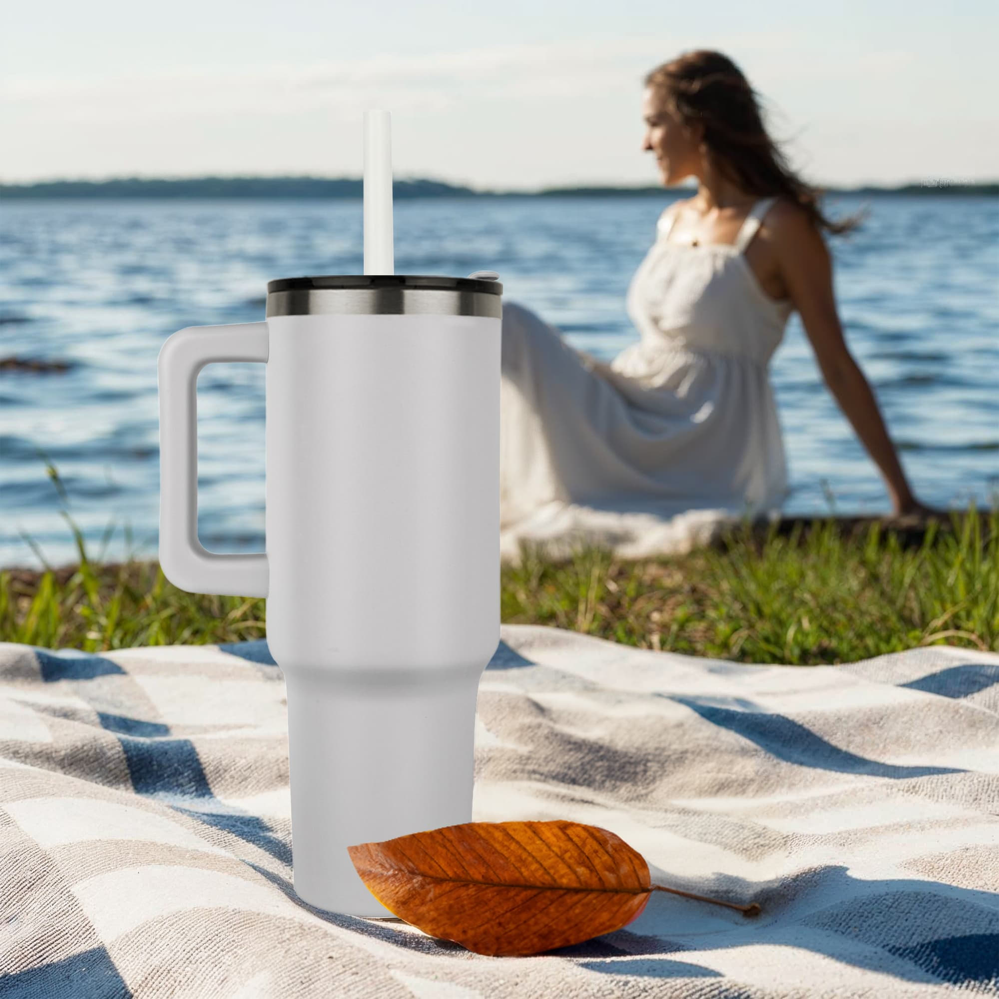 White 40 oz laser-engraved tumbler with straw and side handle