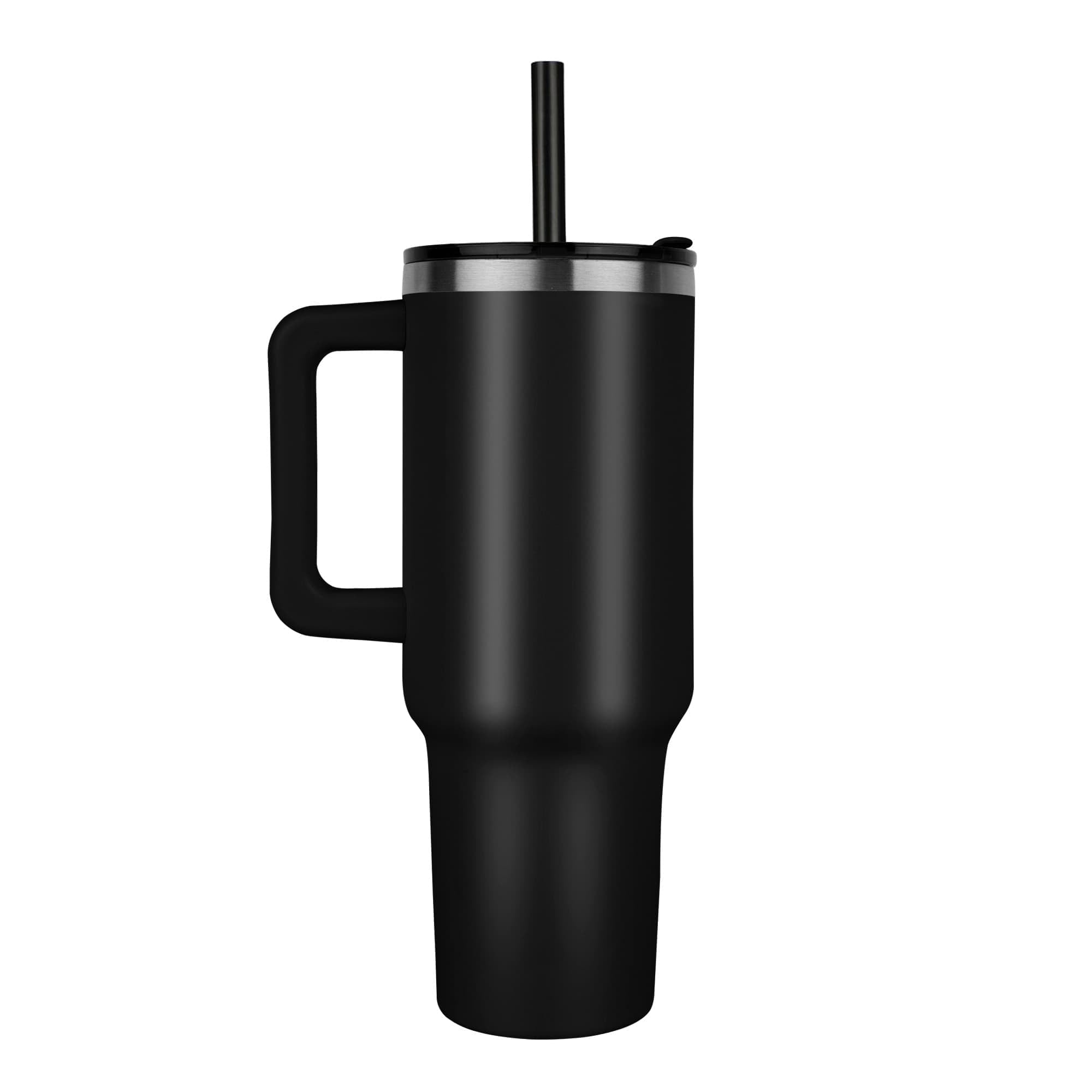 Black 40 oz laser-engraved tumbler with lid, straw, and side handle