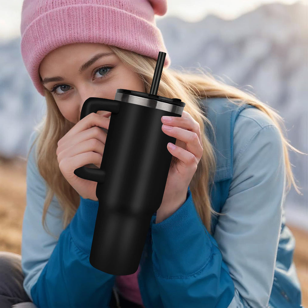 Black 40 oz laser-engraved tumbler with straw and side handle