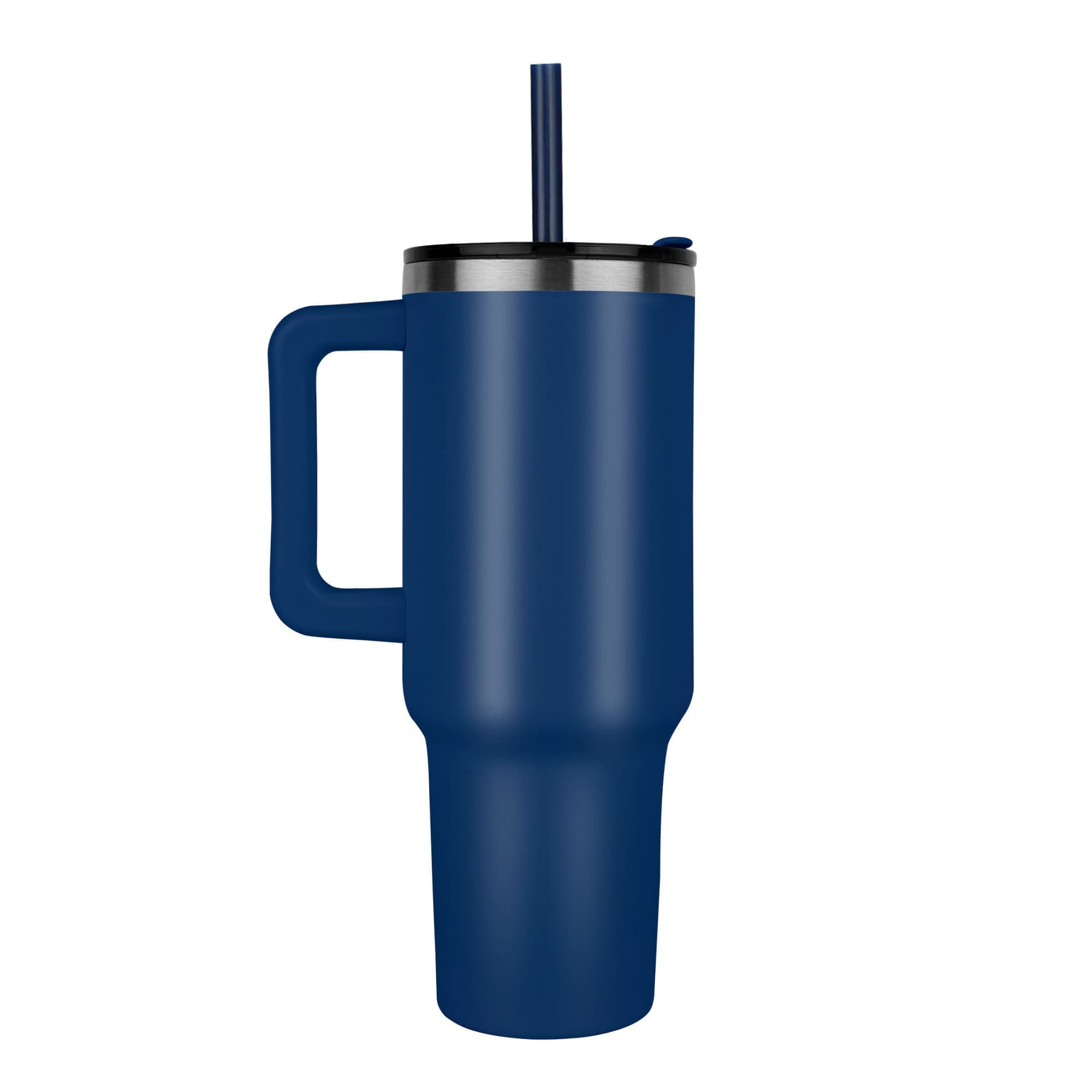 Blue 40 oz laser-engraved tumbler with lid, straw, and side handle