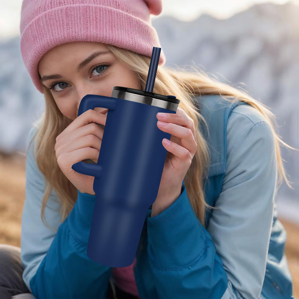 Blue 40 oz laser-engraved tumbler with straw and side handle