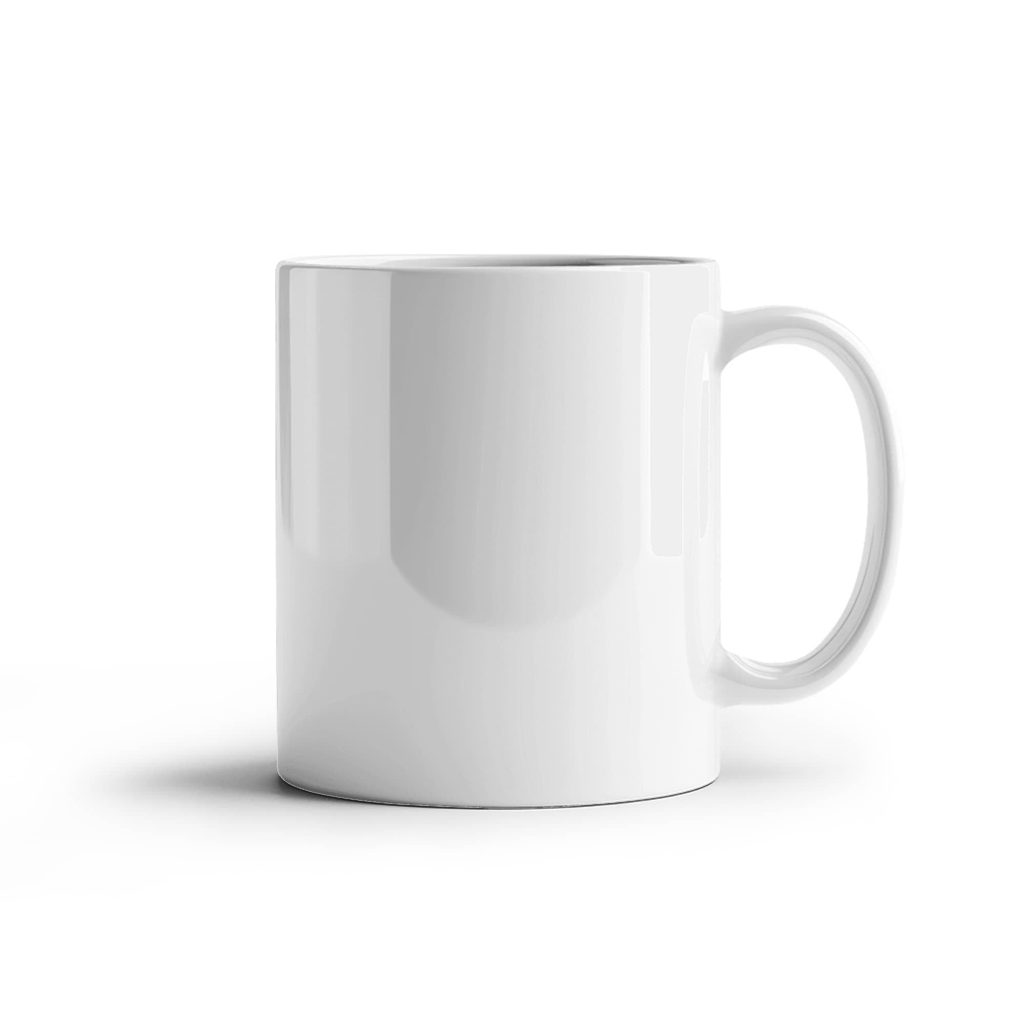 White ceramic mug with curved side handle and glossy cylindrical body