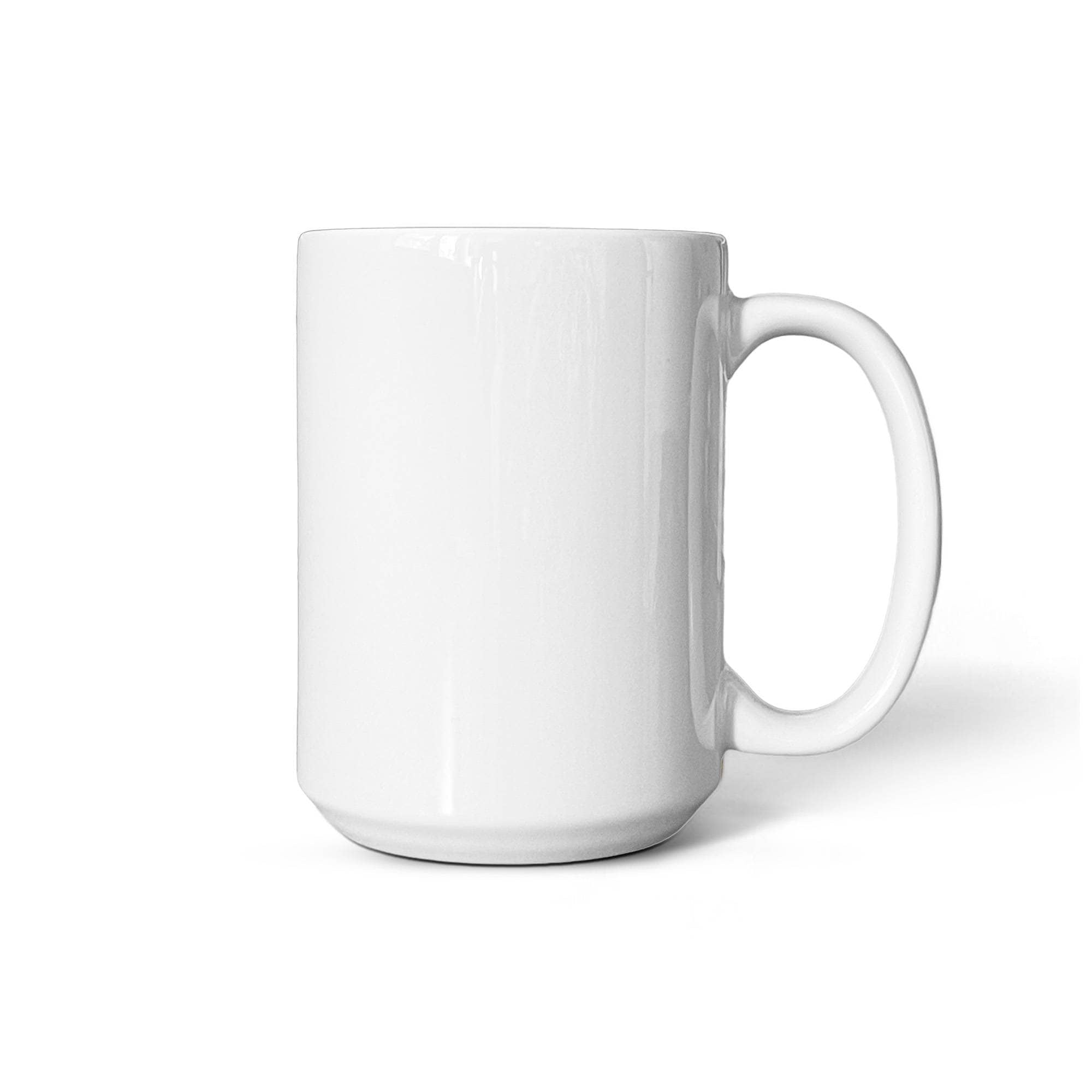 White ceramic mug with rounded cylindrical shape, curved handle, and open top