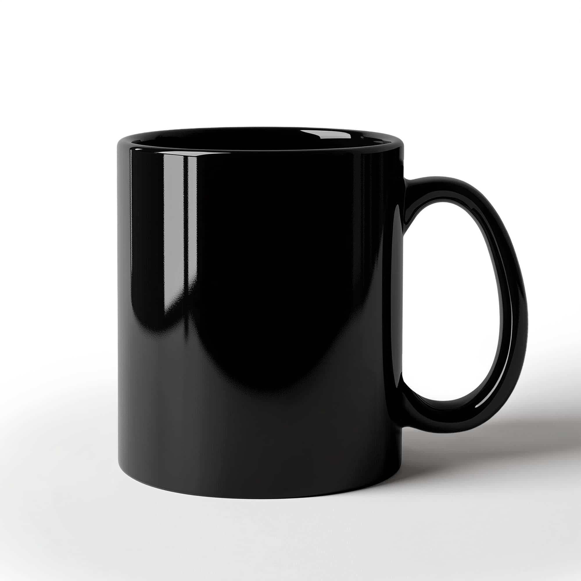 Black glossy ceramic mug with curved handle, full front view