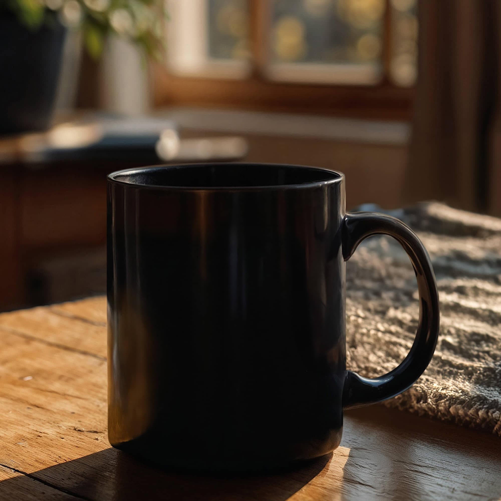 Black glossy ceramic mug with curved handle, side view