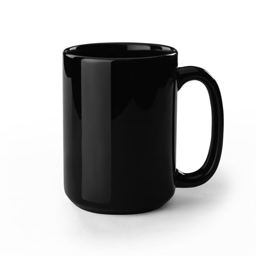 Black glossy ceramic mug, angled view with C-shaped handle