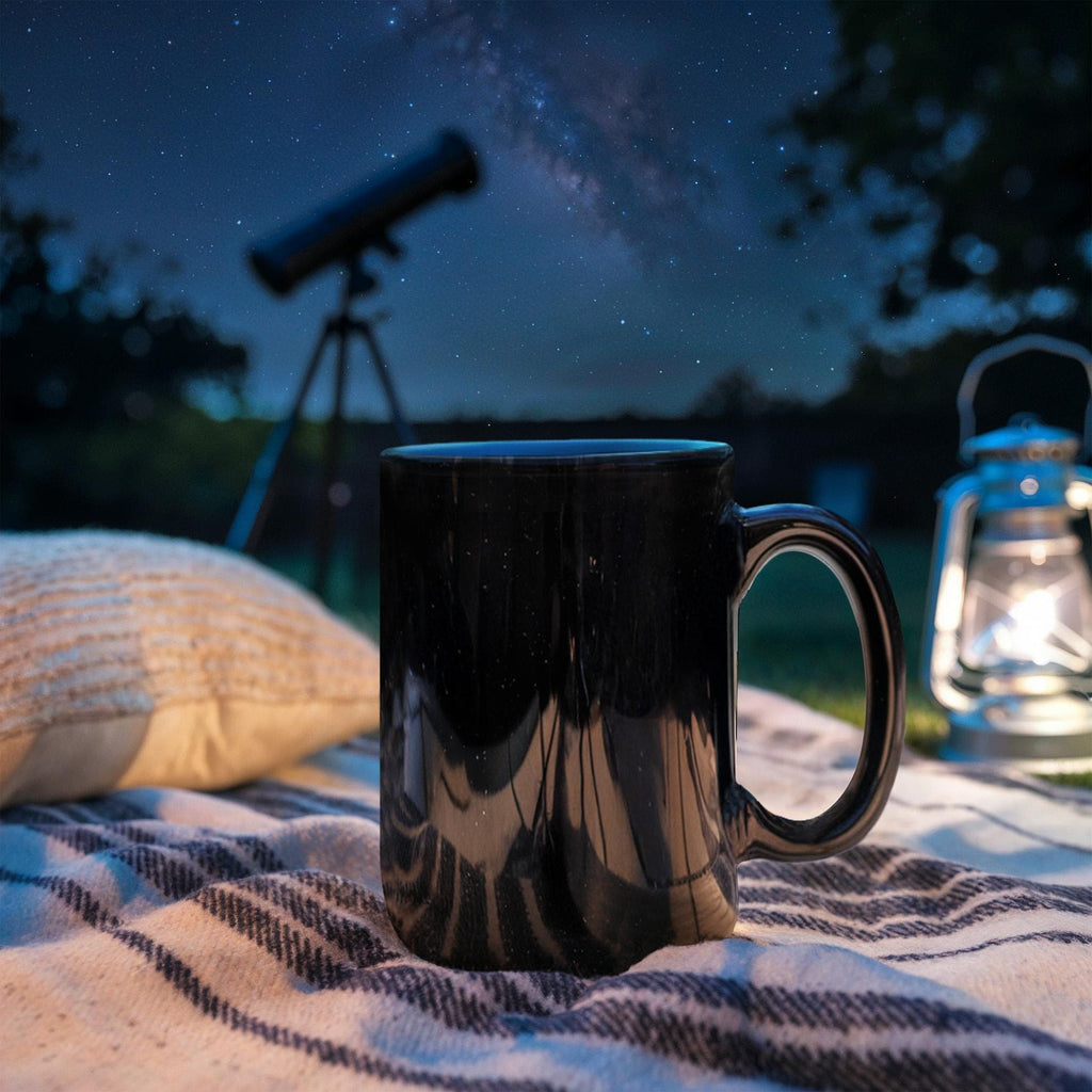 Black glossy ceramic mug with curved handle, three-quarter view