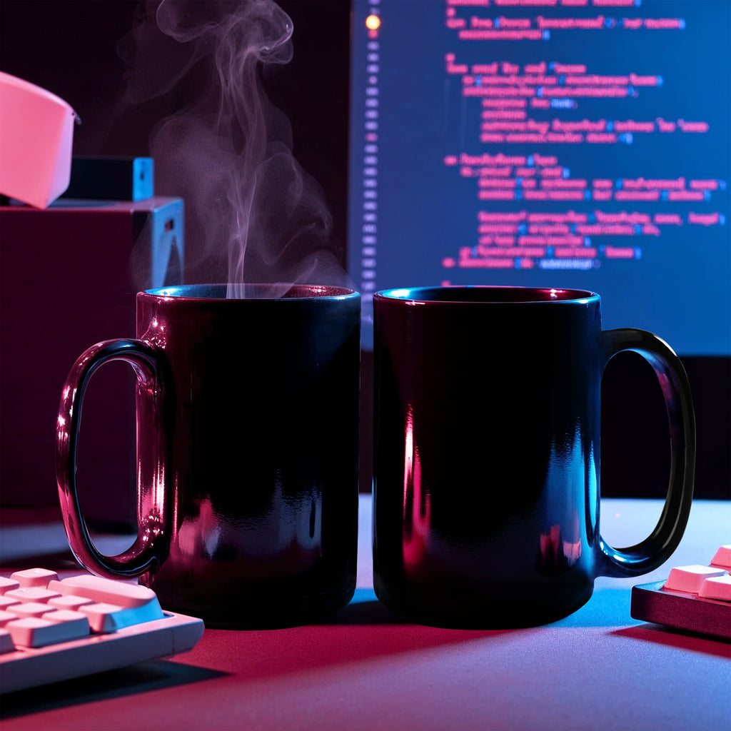 Black glossy ceramic mugs, two side-by-side with steam rising