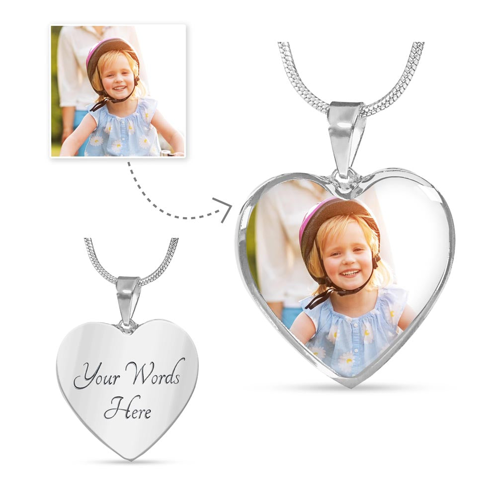 Silver heart photo locket necklace with rhinestone chain and heart pendant