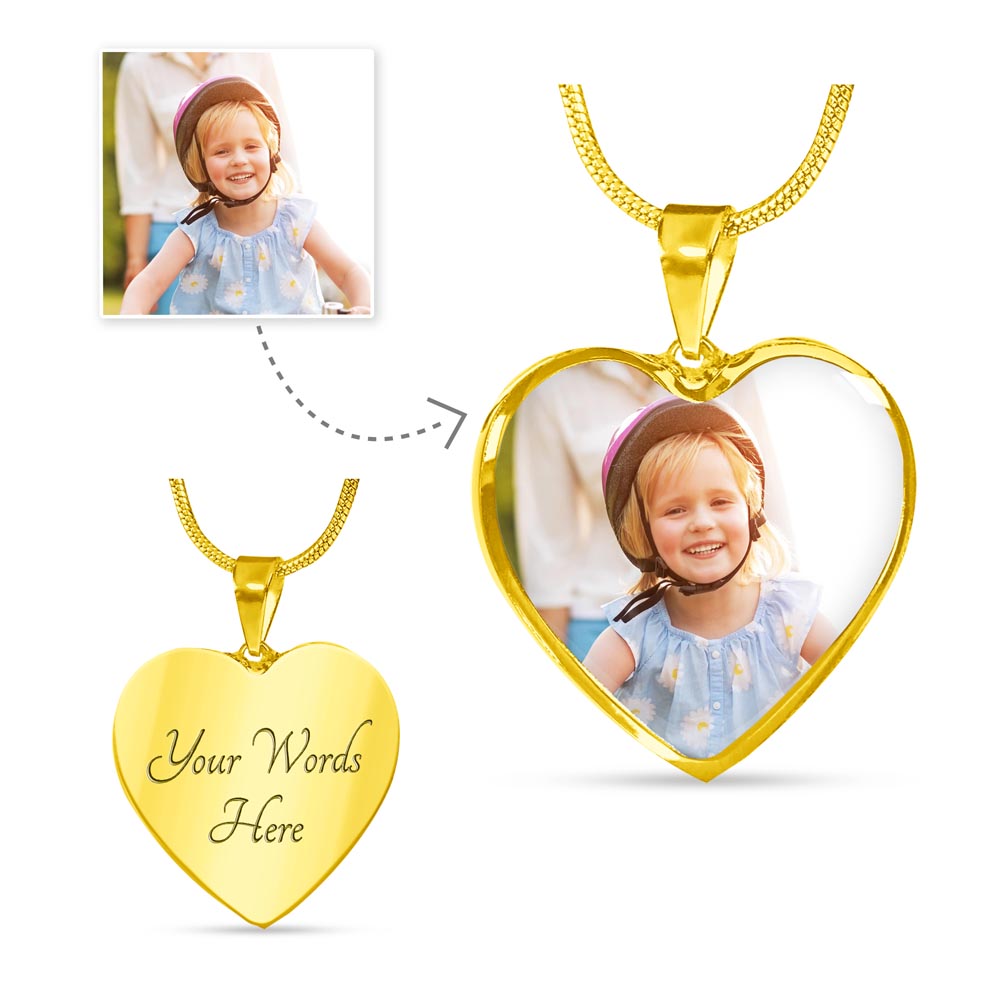 Gold heart photo locket necklace with rhinestone chain and heart photo pendant