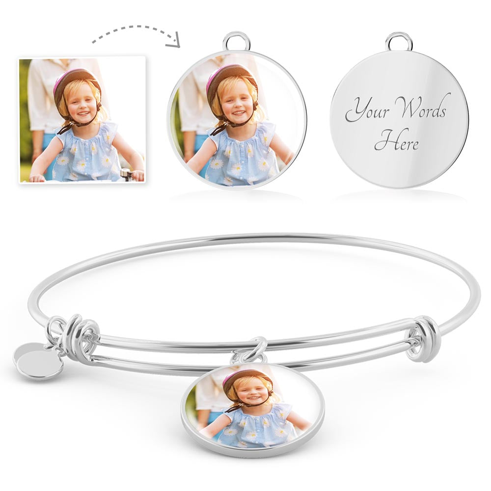 Silver circle bangle with photo locket charm and 'Your Words Here' disc