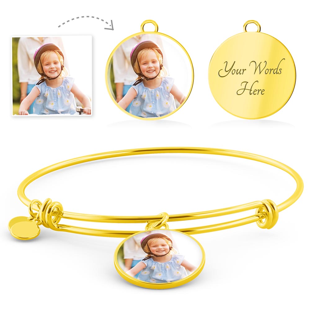 Gold circle bangle with photo locket charm and 'Your Words Here' disc