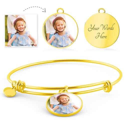 Gold circle bangle with photo locket charm and 'Your Words Here' disc