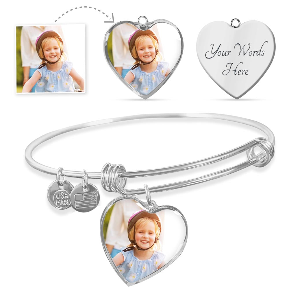 Silver heart bangle with photo charm and engraved heart tag