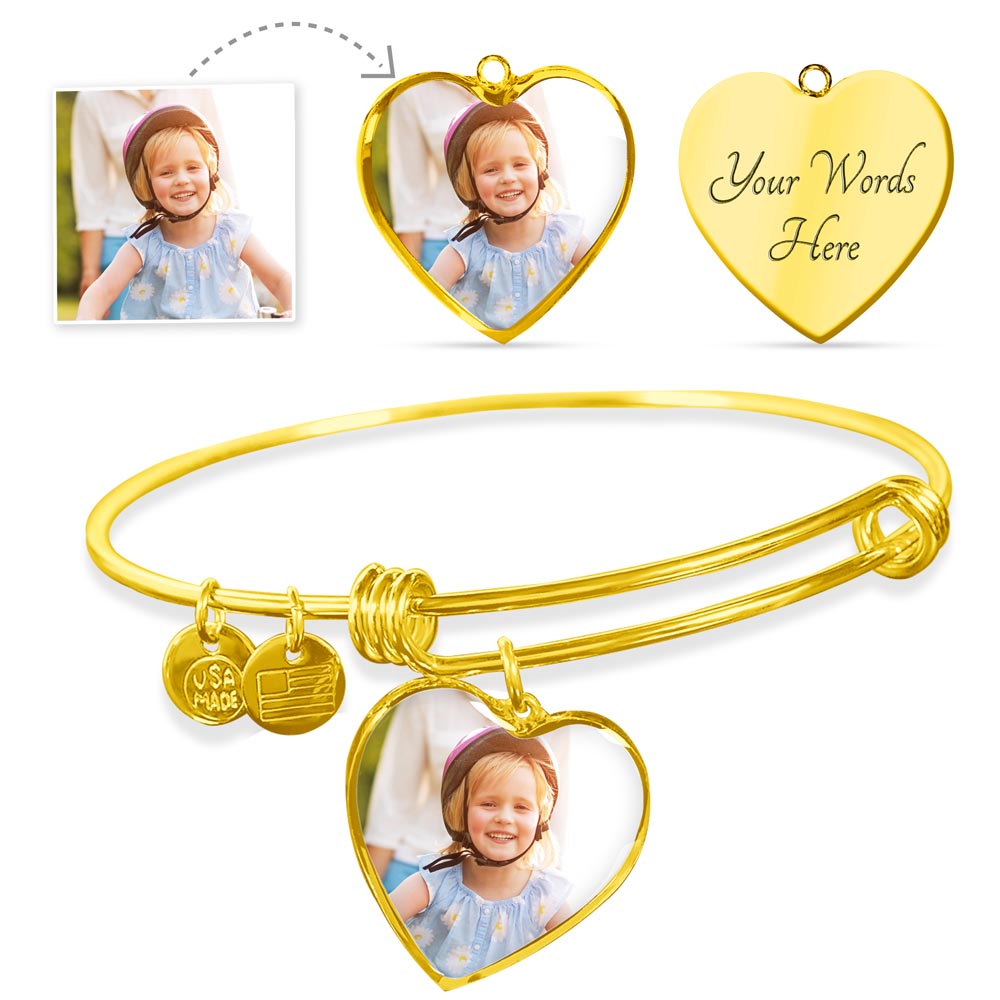 Gold heart pendant bangle with photo heart charm and engraved heart tag