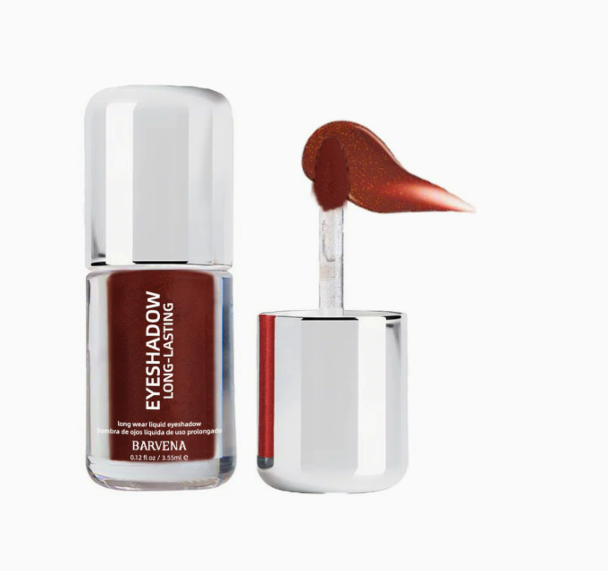 Liquid eyeshadow bottle with doe-foot applicator, rust brown shimmer swatch
