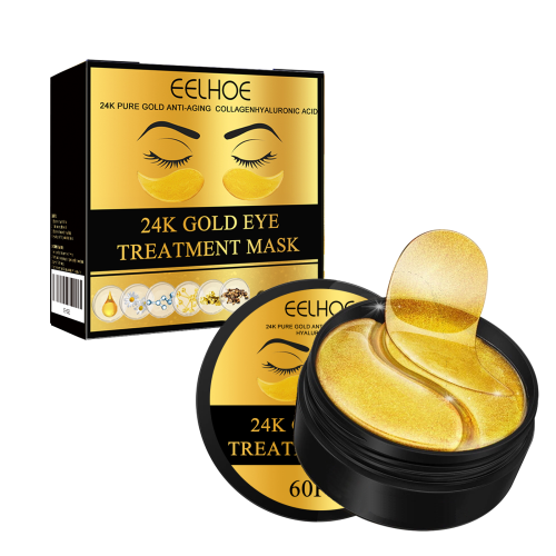 Gold eye treatment mask patches in black jar and gold box