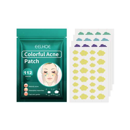 Acne patch set with teal sachet and sheet of yellow cloud-pattern patches, 112 pcs
