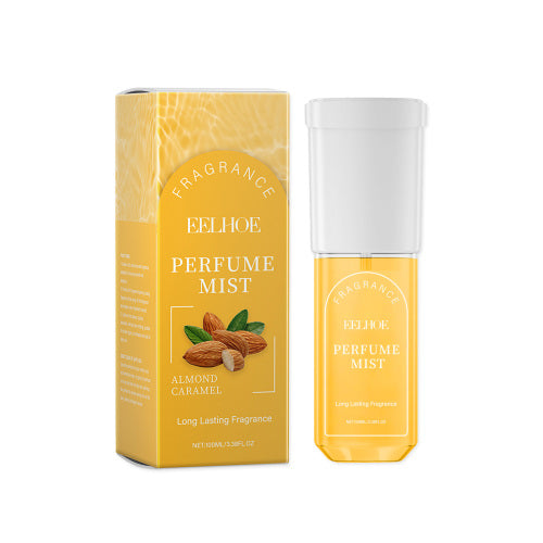 Body perfume mist bottle with almond caramel label and matching box