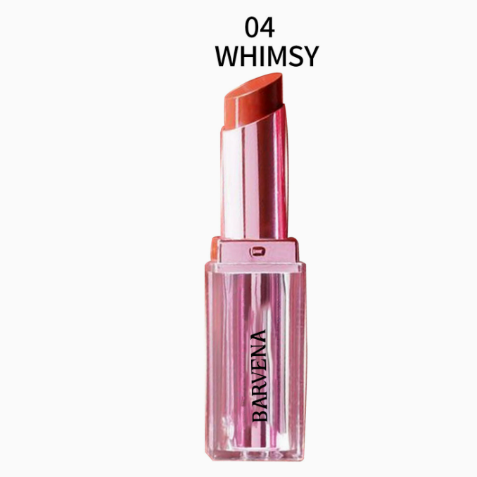 Pearl lipstick tube, WHIMSY shade, coral-orange lipstick with clear cap
