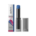 Warming lip balm with blue cap, clear tube, and silver base; includes retail box.