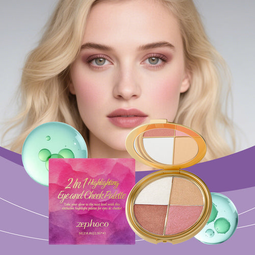 Eye and cheek highlighting palette compact with four shimmer pans shown