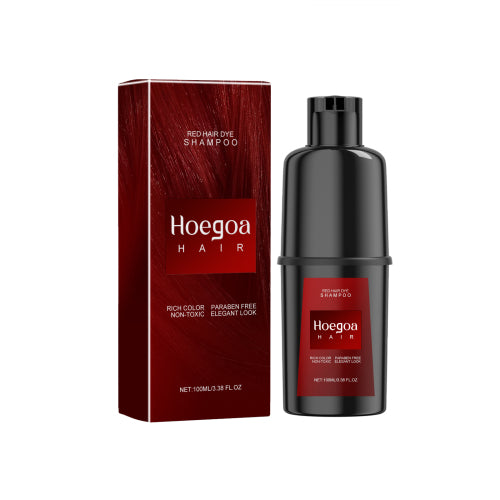 Hoegoa hair shampoo bottle with red product box, dark red label