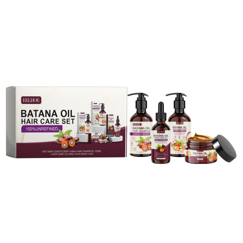 Hair care set with shampoo, conditioner, hair mask and essential oil bottles in packaging