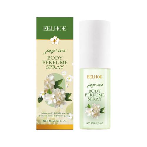 EELHOE jasmine body perfume spray bottle and box, white bottle with floral label.