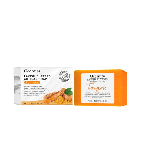 OceAura turmeric bath soap bar with carton, orange bar with label